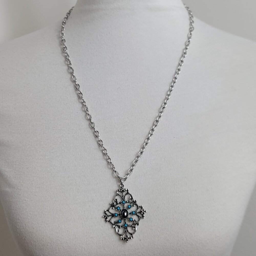 Vintage Avon Mirabella Pendant Necklace Hematite and Faux Turquoise